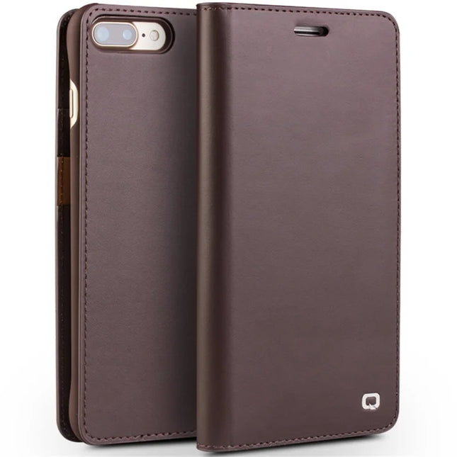QIALINO Genuine Cow Leather Case for iPhone 16e / SE (2020) / 8 / 7 Phone Wallet Cover - Dark Brown