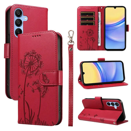 For Samsung Galaxy A15 5G Leather Case Wallet Phone Cover Dandelion Imprint - Red