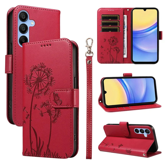 For Samsung Galaxy A15 5G Leather Case Wallet Phone Cover Dandelion Imprint - Red