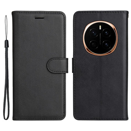 For Honor Magic7 5G Case Solid Color Leather Mobile Cover Wallet Stand with Strap - Black