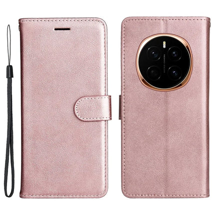 For Honor Magic7 5G Case Solid Color Leather Mobile Cover Wallet Stand with Strap - Rose Gold