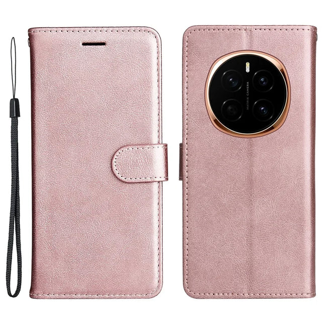 For Honor Magic7 5G Case Solid Color Leather Mobile Cover Wallet Stand with Strap - Rose Gold