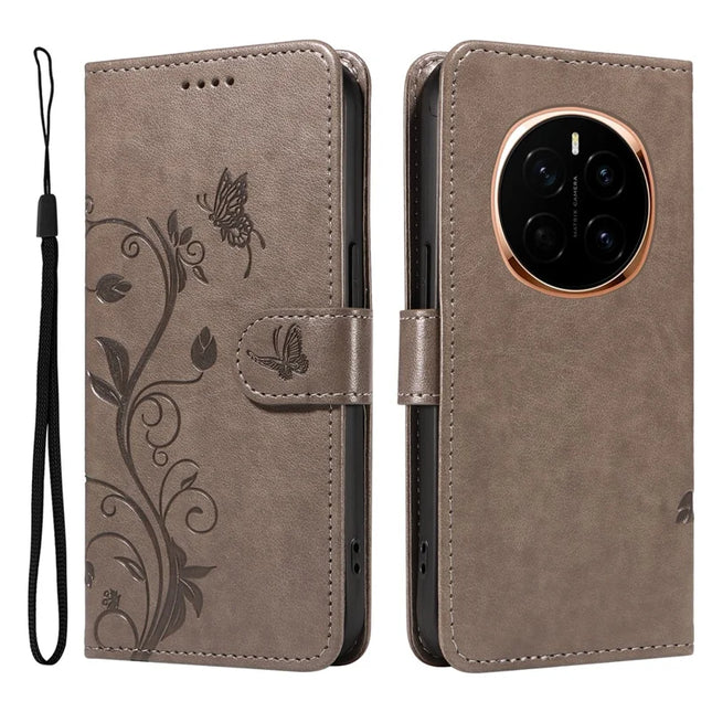 For Honor Magic7 5G Case Flower Pattern PU Leather Wallet Phone Cover - Grey