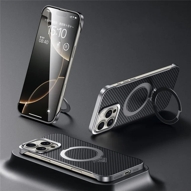 SULADA For iPhone 16 Pro Max Case Compatible with MagSafe Kickstand PU + PC Phone Cover Carbon Fiber Texture - Black