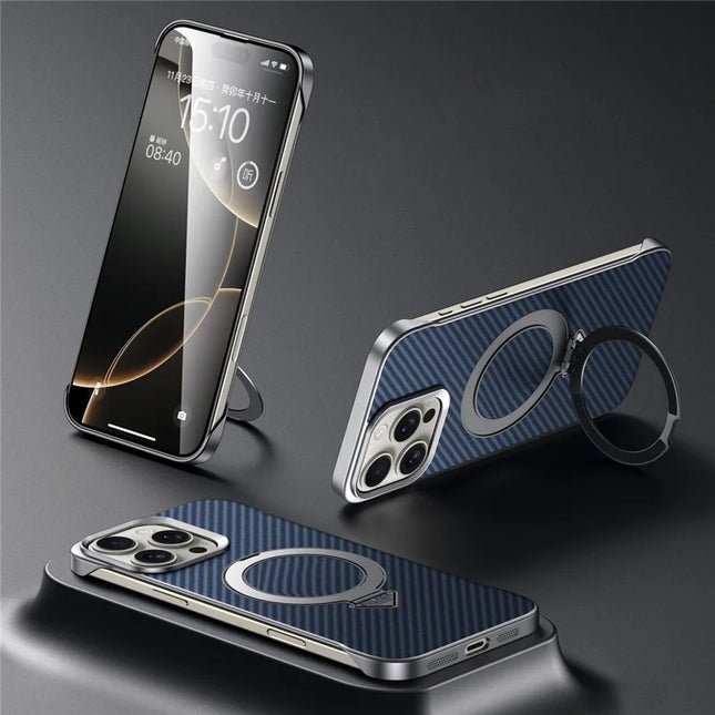 SULADA For iPhone 16 Pro Max Case Compatible with MagSafe Kickstand PU + PC Phone Cover Carbon Fiber Texture - Blue