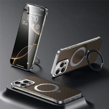SULADA For iPhone 16 Pro Max Case Compatible with MagSafe Kickstand PU + PC Phone Cover Carbon Fiber Texture - Brown