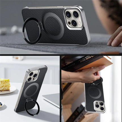 SULADA For iPhone 16 Pro Max Case Compatible with MagSafe Kickstand PU + PC Phone Cover Carbon Fiber Texture
