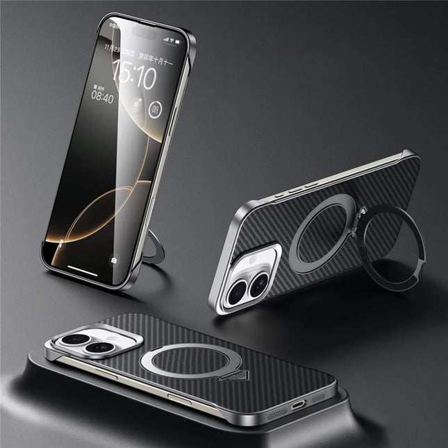 SULADA For iPhone 16 Plus Case Compatible with MagSafe Kickstand PU + PC Phone Cover Carbon Fiber Texture - Black