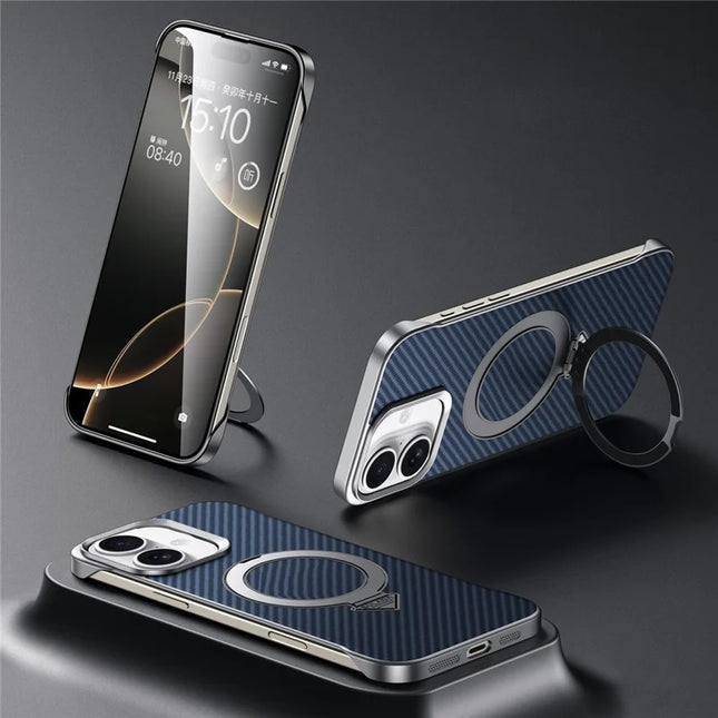 SULADA For iPhone 16 Plus Case Compatible with MagSafe Kickstand PU + PC Phone Cover Carbon Fiber Texture - Blue