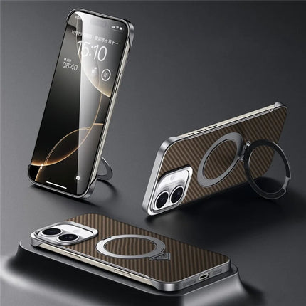 SULADA For iPhone 16 Plus Case Compatible with MagSafe Kickstand PU + PC Phone Cover Carbon Fiber Texture - Brown