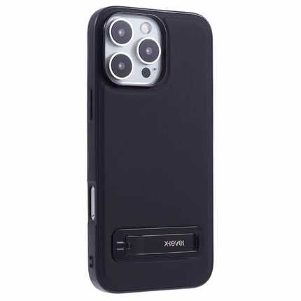 X-LEVEL For iPhone 16 Pro Case Leather Coated PC TPU Phone Back Cover with Metal Kickstand - Black
