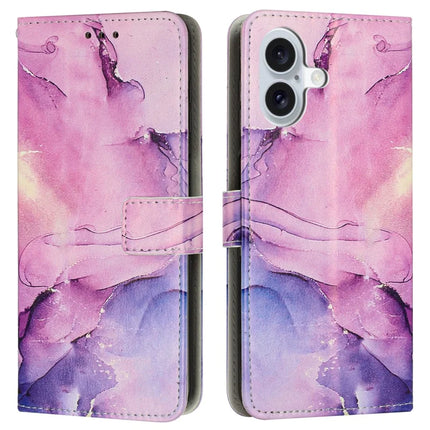For iPhone 16 Stand Case Marble Pattern PU Leather Wallet Phone Cover with Wrist Strap - Purple