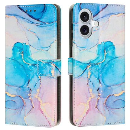 For iPhone 16 Stand Case Marble Pattern PU Leather Wallet Phone Cover with Wrist Strap - Pink  /  Green