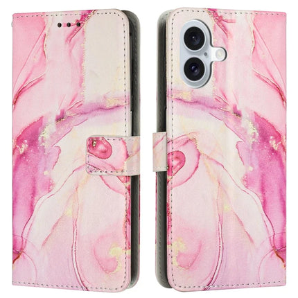 For iPhone 16 Stand Case Marble Pattern PU Leather Wallet Phone Cover with Wrist Strap - Rose Gold