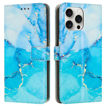 For iPhone 16 Pro Stand Case Marble Pattern PU Leather Wallet Phone Cover with Wrist Strap - Blue  /  Green