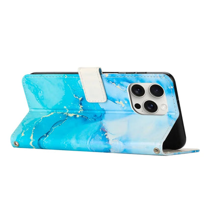 For iPhone 16 Pro Stand Case Marble Pattern PU Leather Wallet Phone Cover with Wrist Strap