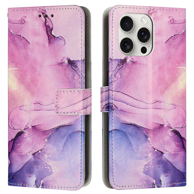 For iPhone 16 Pro Stand Case Marble Pattern PU Leather Wallet Phone Cover with Wrist Strap - Purple