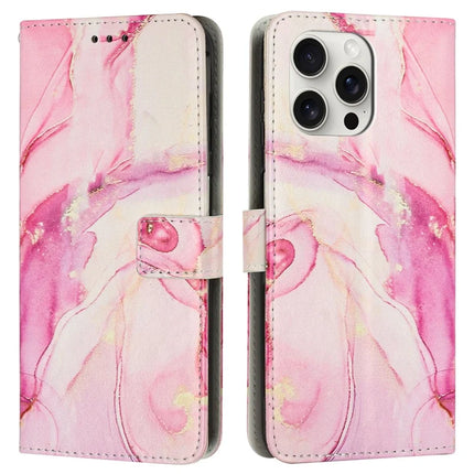 For iPhone 16 Pro Stand Case Marble Pattern PU Leather Wallet Phone Cover with Wrist Strap - Rose Gold