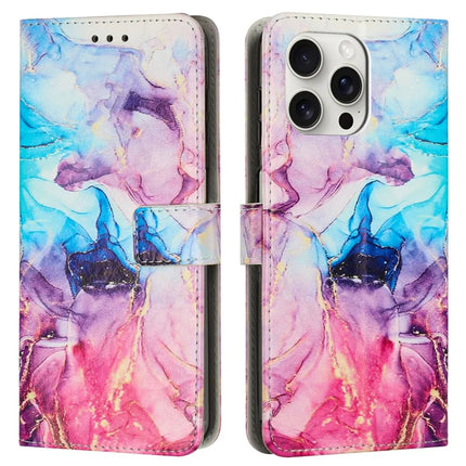 For iPhone 16 Pro Stand Case Marble Pattern PU Leather Wallet Phone Cover with Wrist Strap - Pink  /  Purple