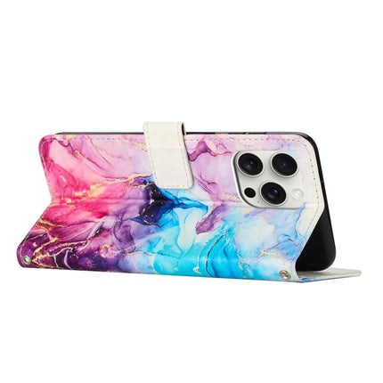 For iPhone 16 Pro Stand Case Marble Pattern PU Leather Wallet Phone Cover with Wrist Strap
