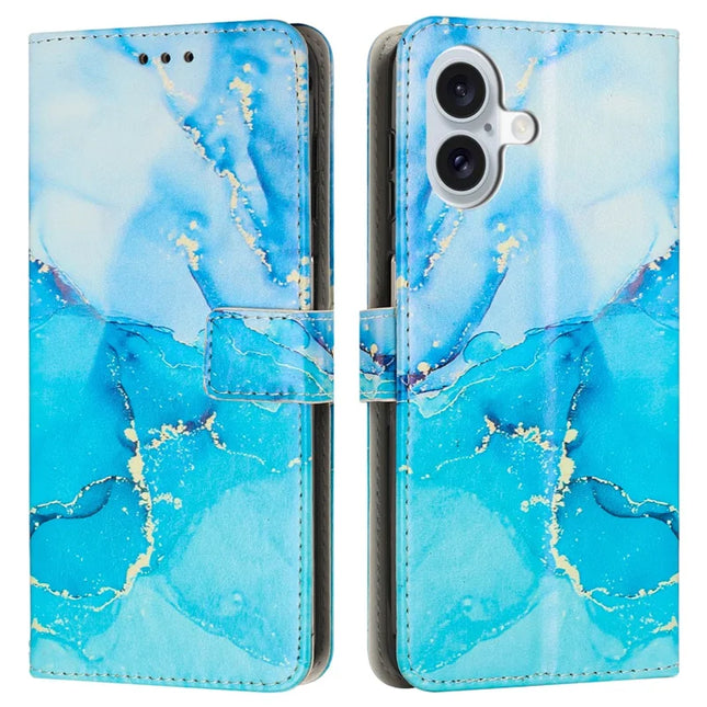 For iPhone 16 Plus Stand Case Marble Pattern PU Leather Wallet Phone Cover with Wrist Strap - Blue  /  Green