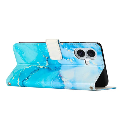 For iPhone 16 Plus Stand Case Marble Pattern PU Leather Wallet Phone Cover with Wrist Strap