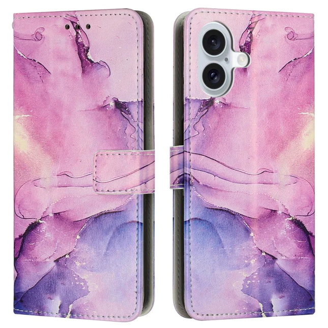 For iPhone 16 Plus Stand Case Marble Pattern PU Leather Wallet Phone Cover with Wrist Strap - Purple