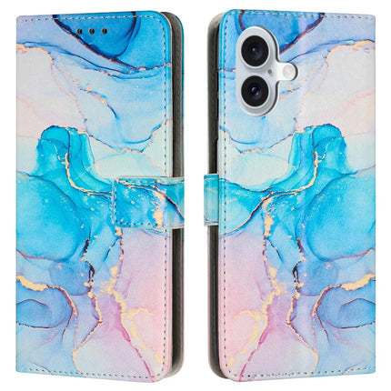 For iPhone 16 Plus Stand Case Marble Pattern PU Leather Wallet Phone Cover with Wrist Strap - Pink  /  Green