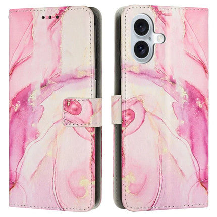 For iPhone 16 Plus Stand Case Marble Pattern PU Leather Wallet Phone Cover with Wrist Strap - Rose Gold