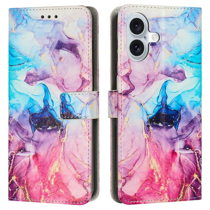 For iPhone 16 Plus Stand Case Marble Pattern PU Leather Wallet Phone Cover with Wrist Strap - Pink  /  Purple