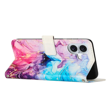 For iPhone 16 Plus Stand Case Marble Pattern PU Leather Wallet Phone Cover with Wrist Strap