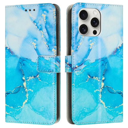 For iPhone 16 Pro Max Stand Case Marble Pattern PU Leather Wallet Phone Cover with Wrist Strap - Blue  /  Green