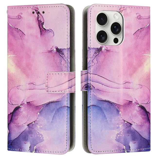 For iPhone 16 Pro Max Stand Case Marble Pattern PU Leather Wallet Phone Cover with Wrist Strap - Purple