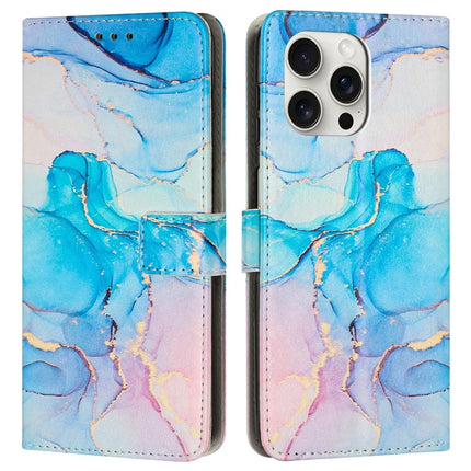 For iPhone 16 Pro Max Stand Case Marble Pattern PU Leather Wallet Phone Cover with Wrist Strap - Pink  /  Green