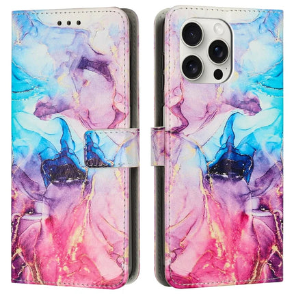 For iPhone 16 Pro Max Stand Case Marble Pattern PU Leather Wallet Phone Cover with Wrist Strap - Pink  /  Purple
