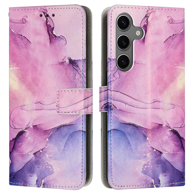 For Samsung Galaxy A15 5G / A15 4G Stand Case Marble Pattern PU Leather Wallet Phone Cover with Wrist Strap - Purple