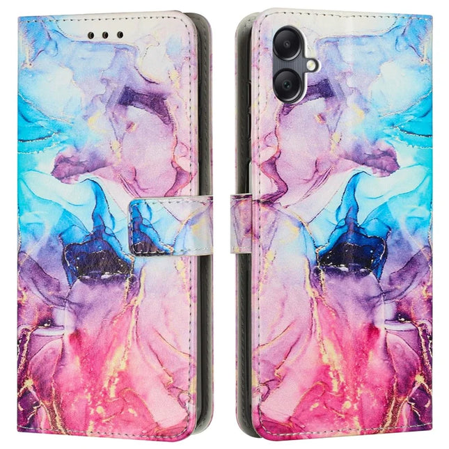 For Samsung Galaxy A06 Stand Case Marble Pattern PU Leather Wallet Phone Cover with Wrist Strap - Pink  /  Purple