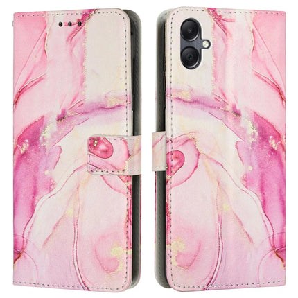For Samsung Galaxy A06 Stand Case Marble Pattern PU Leather Wallet Phone Cover with Wrist Strap - Rose Gold