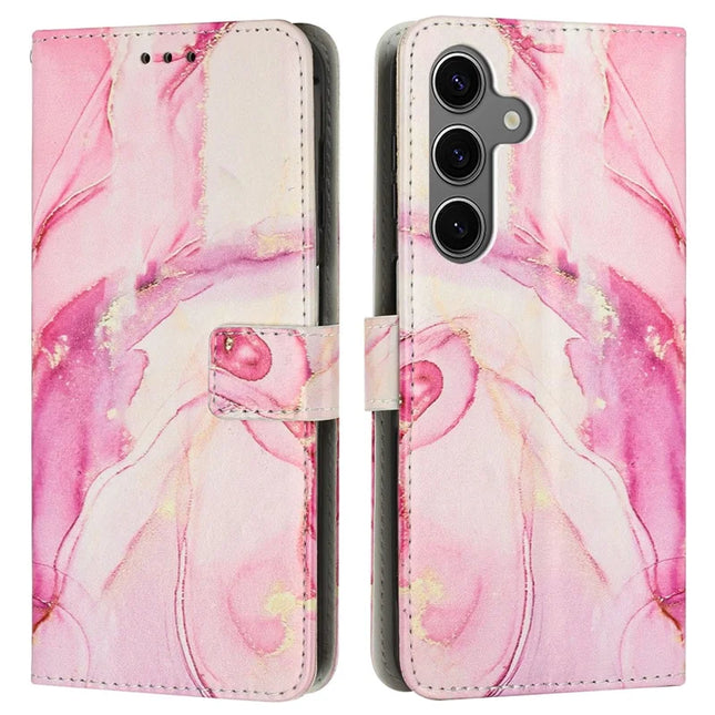 For Samsung Galaxy A56 5G Stand Case Marble Pattern PU Leather Wallet Phone Cover with Wrist Strap - Rose Gold