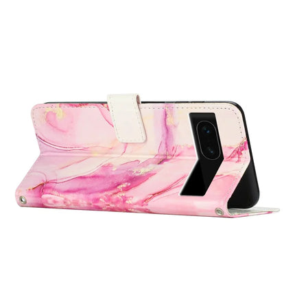 For Google Pixel 8a Stand Case Marble Pattern PU Leather Wallet Phone Cover with Wrist Strap