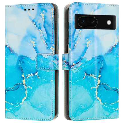 For Google Pixel 8a Stand Case Marble Pattern PU Leather Wallet Phone Cover with Wrist Strap - Blue  /  Green