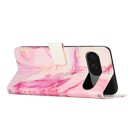 For Google Pixel 9 / 9 Pro Stand Case Marble Pattern PU Leather Wallet Phone Cover with Wrist Strap