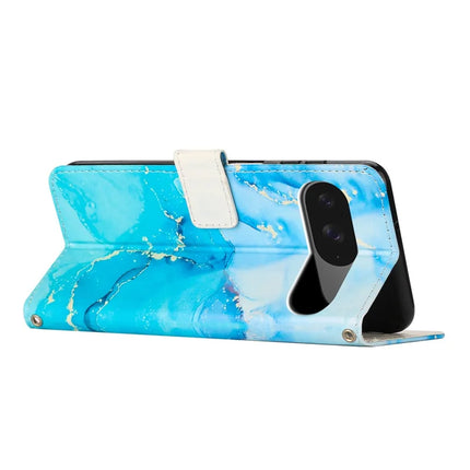 For Google Pixel 9 / 9 Pro Stand Case Marble Pattern PU Leather Wallet Phone Cover with Wrist Strap