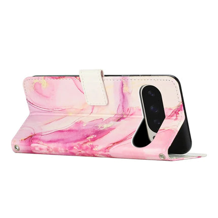 For Google Pixel 9 Pro XL Stand Case Marble Pattern PU Leather Wallet Phone Cover with Wrist Strap