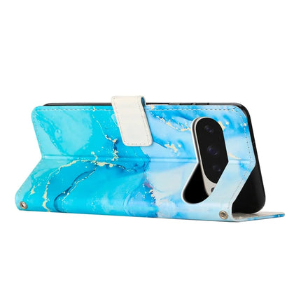 For Google Pixel 9 Pro XL Stand Case Marble Pattern PU Leather Wallet Phone Cover with Wrist Strap