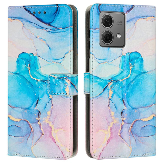 For Motorola Moto G84 5G Stand Case Marble Pattern PU Leather Wallet Phone Cover with Wrist Strap - Pink  /  Green