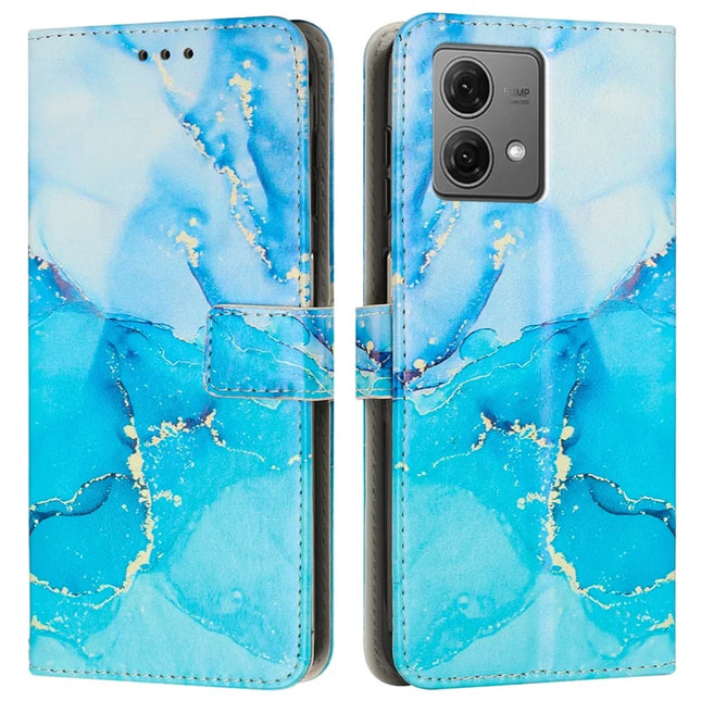 For Motorola Moto G84 5G Stand Case Marble Pattern PU Leather Wallet Phone Cover with Wrist Strap - Blue  /  Green