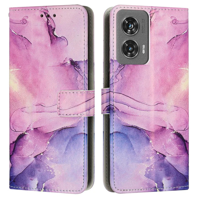 For Motorola Edge 50 Fusion 5G Stand Case Marble Pattern PU Leather Wallet Phone Cover with Wrist Strap - Purple
