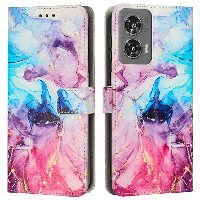 For Motorola Moto G35 5G Stand Case Marble Pattern PU Leather Wallet Phone Cover with Wrist Strap - Pink  /  Purple