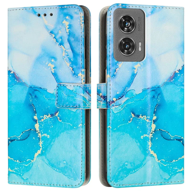 For Motorola Moto G35 5G Stand Case Marble Pattern PU Leather Wallet Phone Cover with Wrist Strap - Blue  /  Green